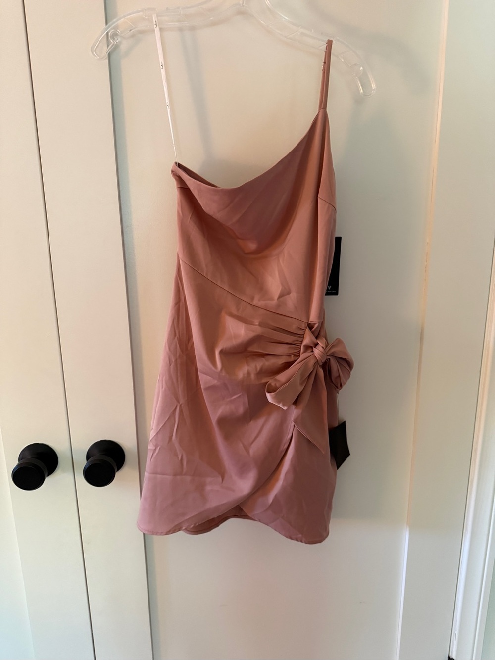 One Shoulder Draped Bow Detail Mini Dress - Dusty Rose